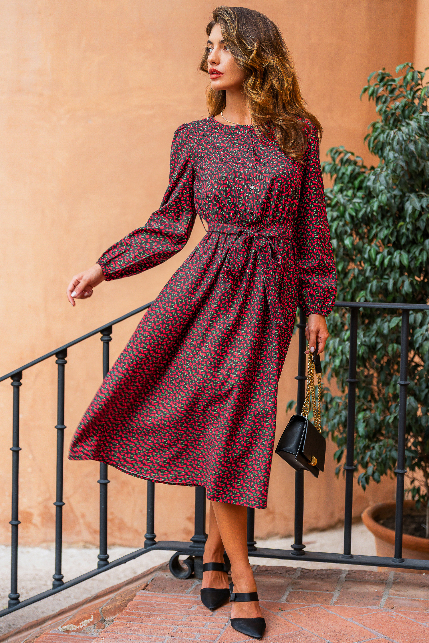 Rotes Lange Ärmel Midikleid mit Taillengürtel von CUPSHE