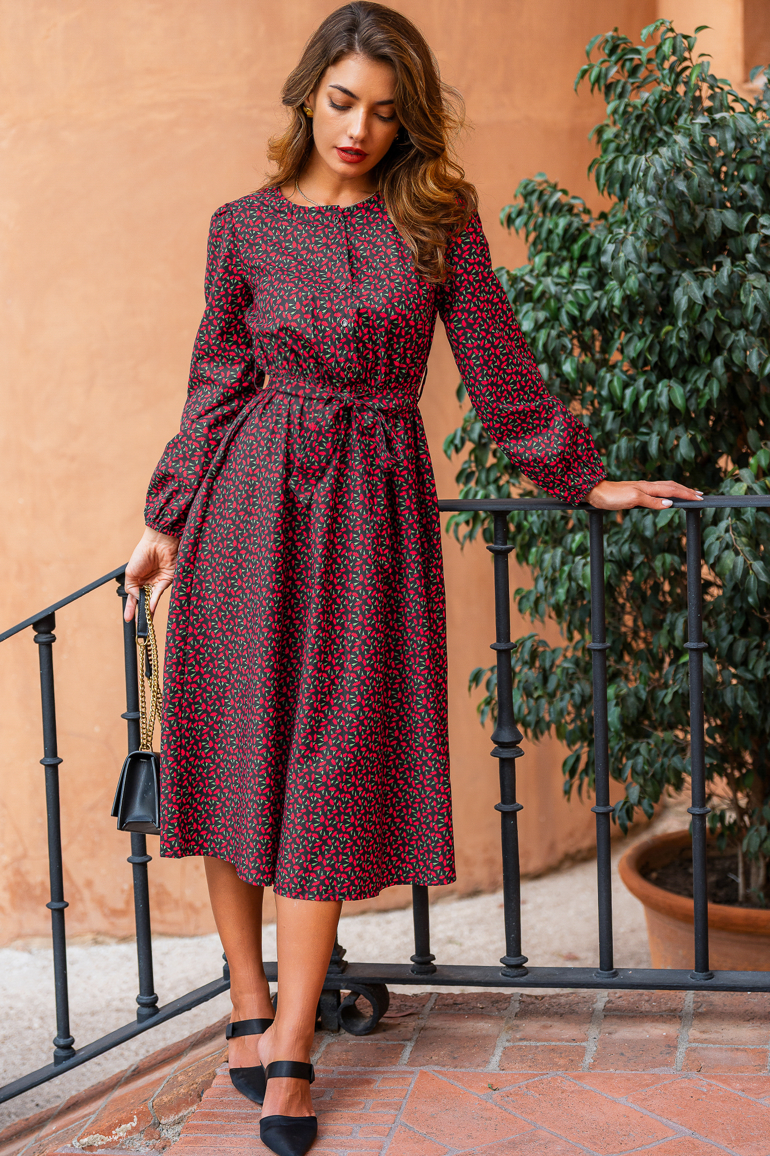 Rotes Lange Ärmel Midikleid mit Taillengürtel von CUPSHE