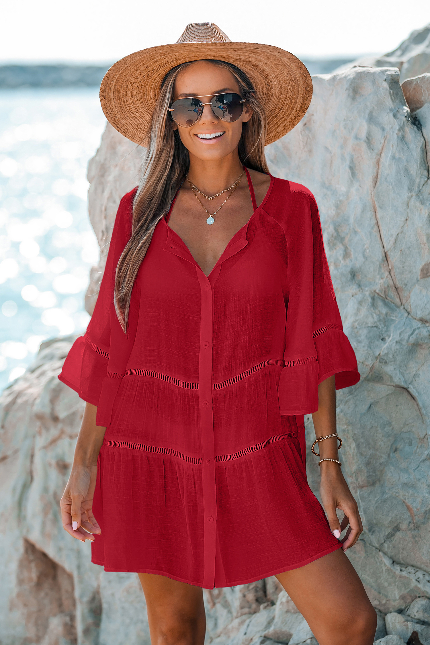 Rotes Mini-Strandkleid mit halben Ärmeln Rotes Mini-Strandkleid mit halben Ärmeln von CUPSHE