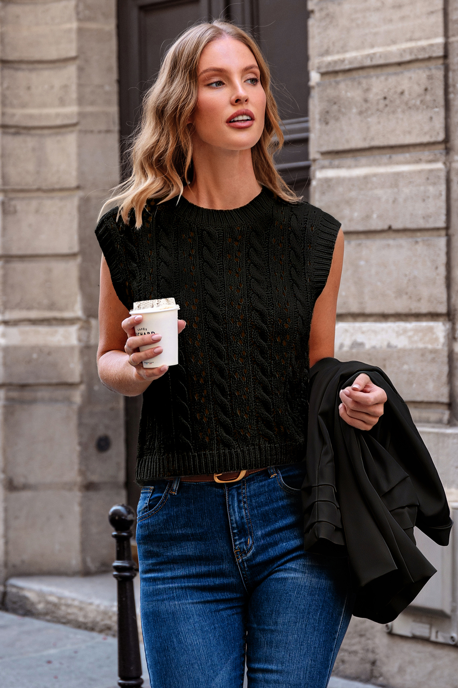 Schwarze Rundhals Ärmellose Strickweste von CUPSHE