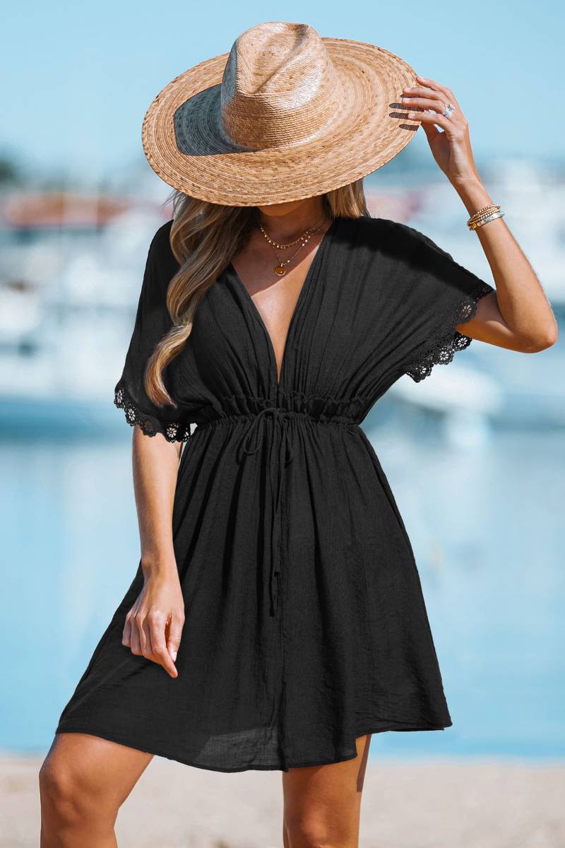 Schwarzes Tiefer Ausschnitt Mini-Strandkleid von CUPSHE
