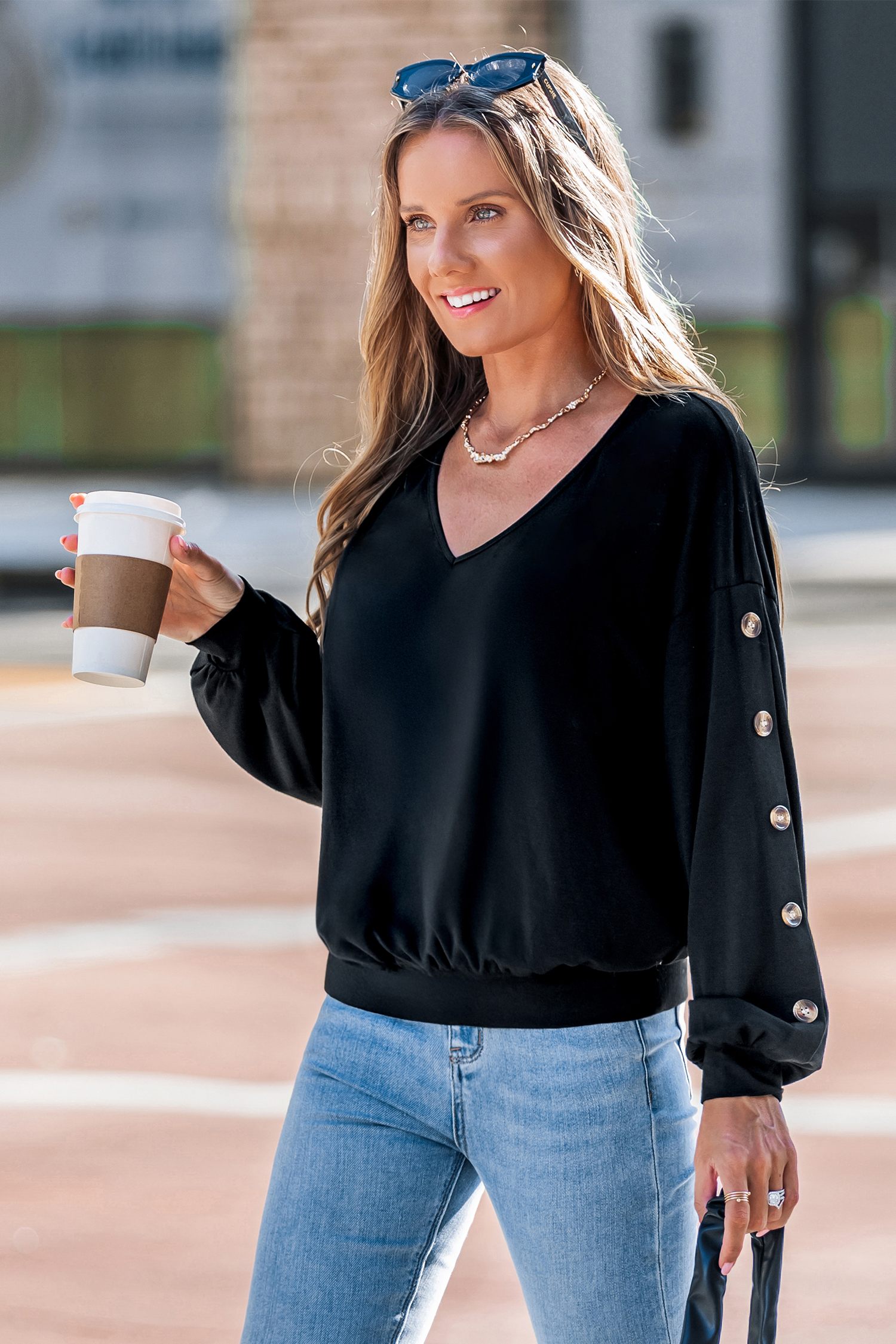 Schwarzes V-Ausschnitt Lange Ärmel Strick-Top von CUPSHE