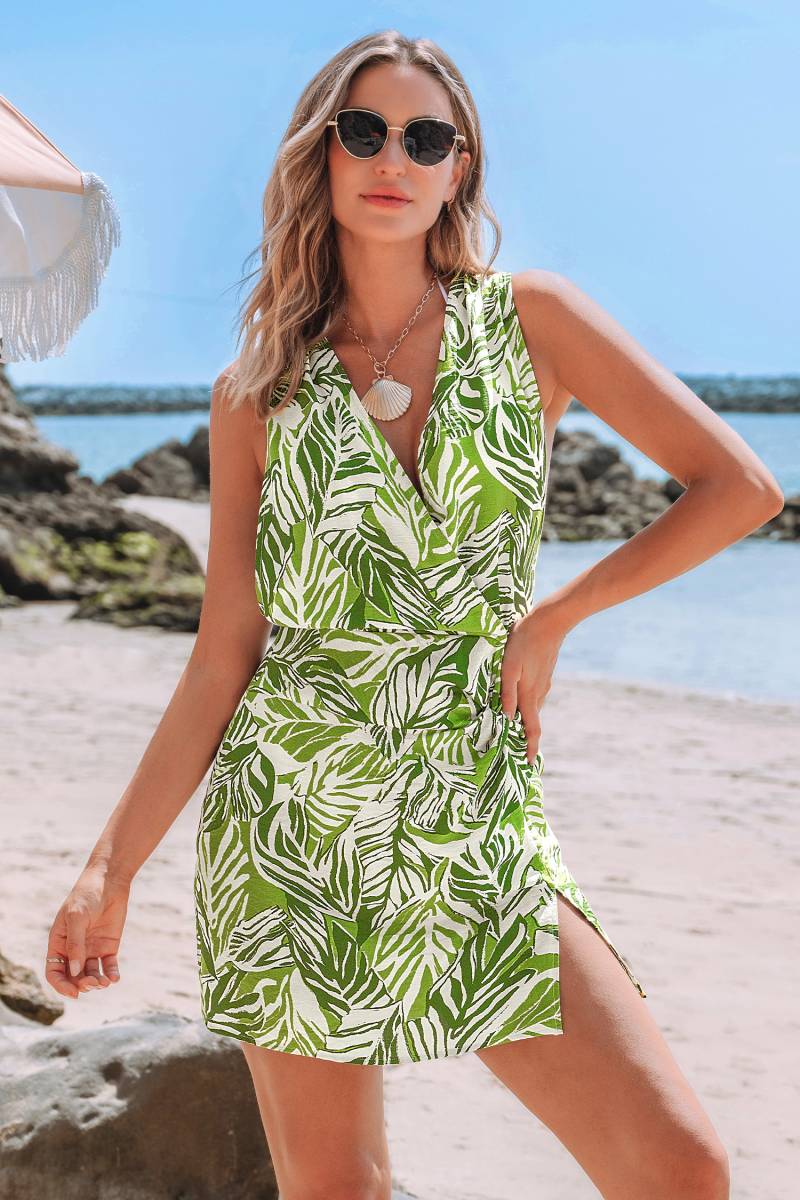 Tropisches Ärmelloses Mini-Wickel-Strandkleid von CUPSHE