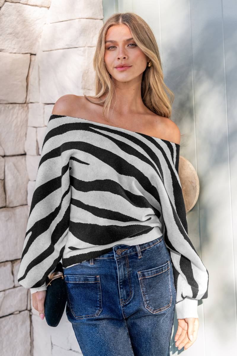 Zebramuster Schulterfreier Pullover von CUPSHE