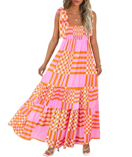 CURBODO Damen Sommer Maxikleid Boho Spaghettiträger Casual Lang A-Linie Gesmoktes Strandkleid Quadratischer Ausschnitt Flowy Sonnenkleid, A-rosa, Klein von CURBODO