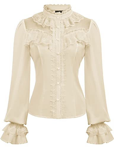CURLBIUTY Damen Edwardian Button-Down Bluse Retro Gothic Oberteile Renaissance Steampunk Lolita Hemd Beige L von CURLBIUTY
