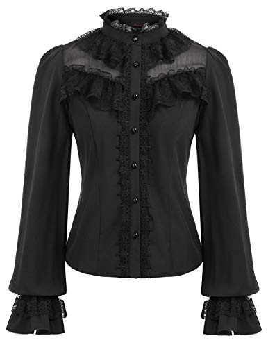 CURLBIUTY Damen Gothic Hemd Langarm Rollkragen Bluse Arbeit Button-Down Steampunk Oberteile Schwarz L von CURLBIUTY