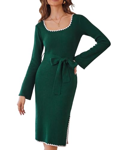 CURLBIUTY Damen Strickkleid Lang Figurbetontes Kleid Langarm U Ausschnitt Formelles Kleid Rippenstrick Grün L von CURLBIUTY