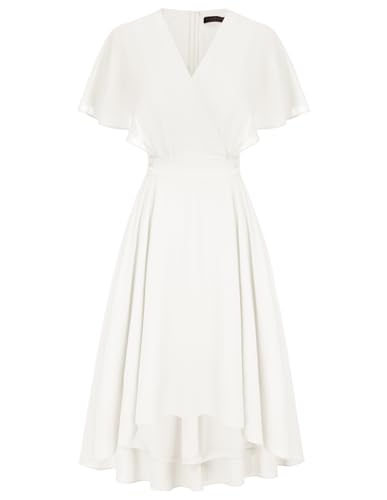 CURLBIUTY Damen V-Neck Kleid Cape Ärmel Chiffon Kleider Festlich Elegant Sommer Kleider Weiß 38 von CURLBIUTY