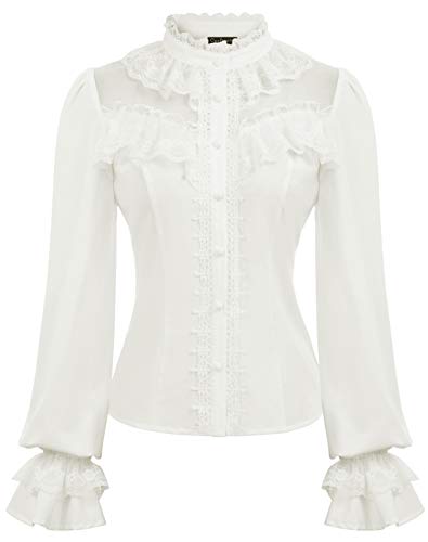 CURLBIUTY Damen Vintage Viktorianisches Hemd Stehkragen Button-Down Gothic Bluse Renaissance Faire Kostüm Weiß S von CURLBIUTY