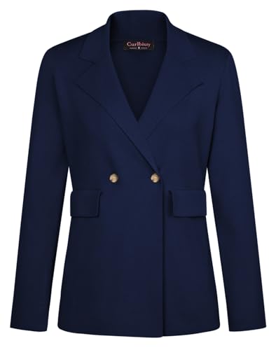 CURLBIUTY Female Strickjacke Basic Damen Leichte Strickjacke Lang Vorne Offen mit Taschen und Knöpfen Blau M von CURLBIUTY