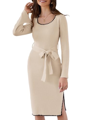 CURLBIUTY Freizeitstrickkleid Großes Strickkleid für Herbst Winter Quadratischem Ausschnitt Langen Glockenärmeln Pulloverkleid Beige XXL von CURLBIUTY