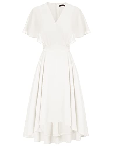 Damen Elegant Chiffon Kleid V-Ausschnitt High Waist A-Linie Cocktailkleid Hochzeit Knielang Kleider Weiß L von CURLBIUTY