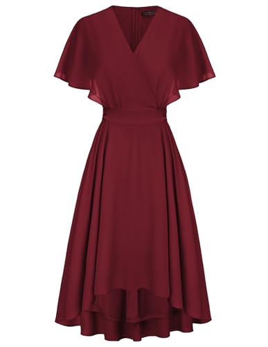 Damen Elegant Chiffonkleid V-Neck Cape Ärmel A-Linie Cocktailkleid Knielang Kleider Rotwein 36 von CURLBIUTY