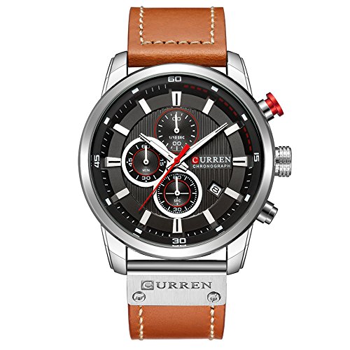 CURREN Herren-Armbanduhr, wasserdicht, Sport-Chronograph, Militär, multifunktional, Leder, Quarz-Armbanduhr, silber, schwarz, Chronograph, Quarz-Uhrwerk von CURREN