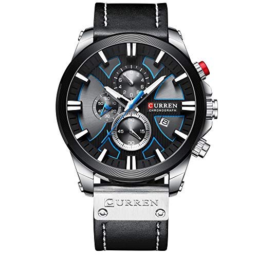 CURREN Herren-Armbanduhr, wasserabweisend, Sport-Chronograph, multifunktional, Leder, Quarz, Armbanduhr, silber, schwarz, Chronograph, Quarz-Uhrwerk von CURREN