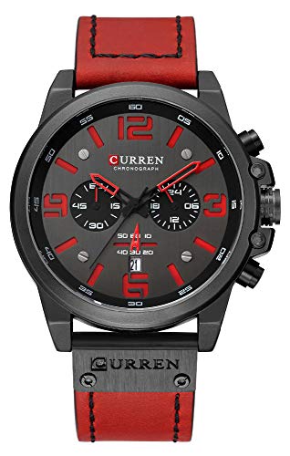 CURREN Luxus Marke Männer Militär Stoppuhr Wasserdicht Leder Chronograph Uhr Herren Mode Quarzuhr (Schwarz Rot), Schwarz Rot, Quarzuhr, Chronograph von CURREN