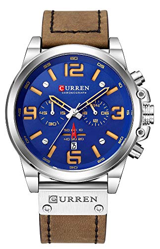 CURREN Luxus Marke Männer Militär Stoppuhr Wasserdicht Leder Chronograph Uhr Herren Mode Quarzuhr (Silber Blau), silber, blau, Quarzuhr, Chronograph von CURREN