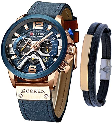 CURREN Herren-Armbanduhr, Quarz, Leder, Chronograph, Armbanduhr und modisches Armband, analoge Uhren für Herren, luxuriöse Armbanduhr, Geschenke für Vater, Freund, Blau, Quarzuhr, Chronograph von CURREN