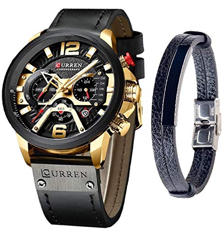 CURREN Uhren Herren Quarz Leder Chronograph Armbanduhr und Mode Armband Set Analog Uhren für Herren Luxus Armbanduhr Geschenke für Papa Freund, Gold, Quarzuhr, Chronograph von CURREN