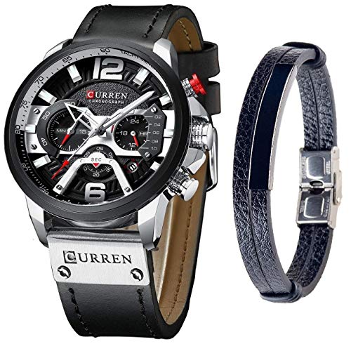 CURREN Herren-Armbanduhr, Quarz, Leder, Chronograph, Armbanduhr und modisches Armband, analoge Uhren für Herren, luxuriöse Armbanduhr, Geschenke für Vater, Freund, Schwarz, Quarzuhr, Chronograph von CURREN