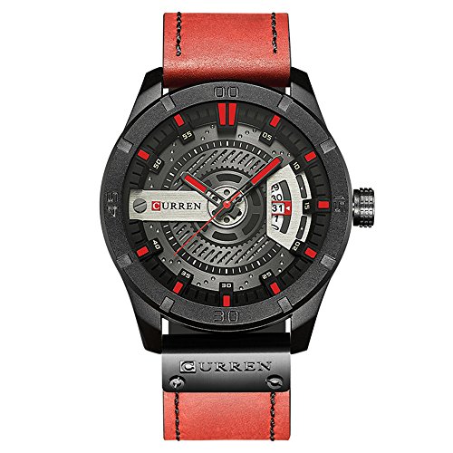 CURREN Herren-Armbanduhr, Quarz, analog, Militär-Sport, schwarzes Armband, Lederband 8301, rot, Riemen von CURREN