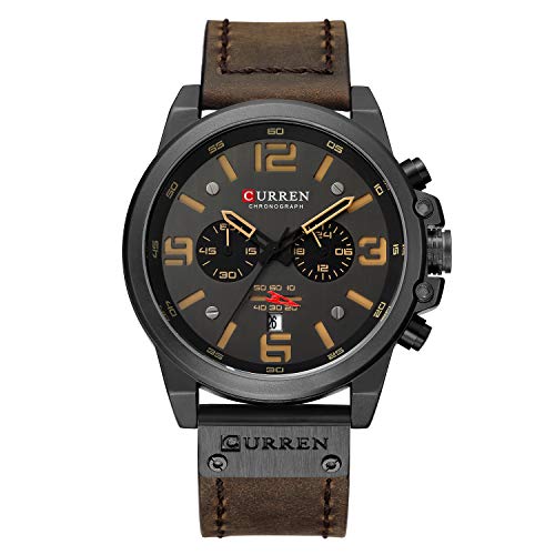 Herrenuhren, Militär-Uhren für Herren und Herren, Lederarmband, analog, Quarz, Chronograph, Datumsanzeige, Sportuhr für Herren, Weiss/opulenter Garten, Chronograph von CURREN