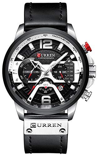 Curren Military Chronograph Fashion Trend Multifunktions-Quarzuhr wasserdicht Lederband Luxus silber, schwarz von CURREN