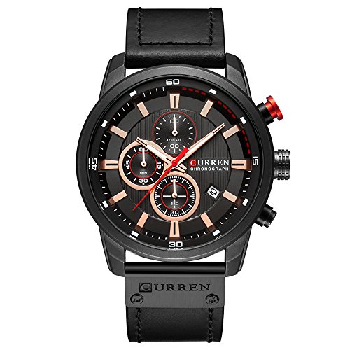 Herren-Armbanduhr, Lederarmband, Militär-Uhren, Herren, Chronograph, wasserdicht, Sport, Datum, Quarz-Armbanduhr, Geschenke, Schwarz Schwarz, Chronograph, Quarz-Uhrwerk von CURREN