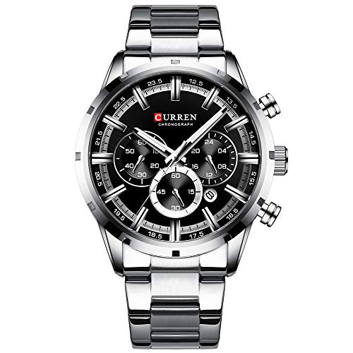 Herren-Armbanduhr Chronograph Edelstahl Band Armbanduhr für Herren Casual Mode Quarzuhr Herren mit Datum silber, schwarz von CURREN