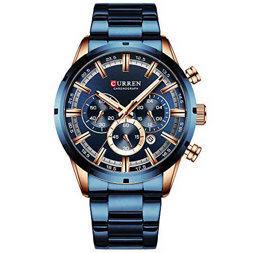 CURREN Herren-Armbanduhr Sport Quarz Chronograph Armbanduhren mit leuchtenden Zeigern Mode Edelstahl Uhr Datum, roségold blau, Chronograph, Quarz-Uhrwerk von CURREN