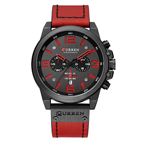 Herrenuhren, Militär-Uhren für Herren und Herren, Lederarmband, analog, Quarz, Chronograph, Datumsanzeige, Sportuhr für Herren, Rot/Ausflug, einfarbig (Getaway Solids), Chronograph, Quarz-Uhrwerk von CURREN