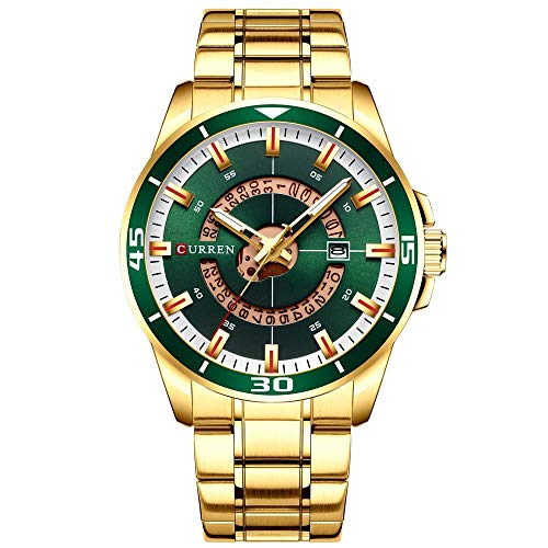 Sport Herren-Armbanduhr Top Marke Luxus Militär Business Fashion Casual Herren Uhr Edelstahl Quarz Herren Armbanduhr 8359, Goldgrün von CURREN