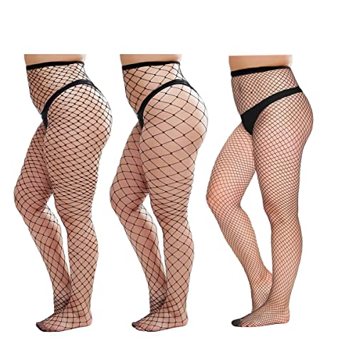 CURRMIEGO Sexy Strumpfhose für Damen, Netzstrumpfhose, Übergröße, Schwarz, B - 3 schwarze Strumpfhosen - groß/mittel/kleines Netz, XL-3XL Große Größen von CURRMIEGO