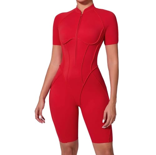 CURT SHARIAH Damen Einteiler Rückenfrei Reißverschluss Jumpsuits Kurz Bodycon Bodysuit Workout Sommer Outfits Gym Yoga Strampler, rot, L von CURT SHARIAH