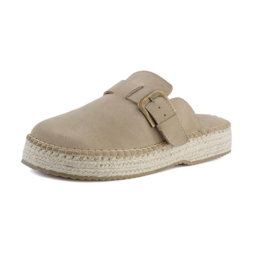 CUSHIONAIRE Andy Damen Espadrille Mule - Wildleder Slip On Clog mit verstellbarer Schnalle, gepolsterte Innensohle & Jute Plateau, biscuit, 41 EU von CUSHIONAIRE