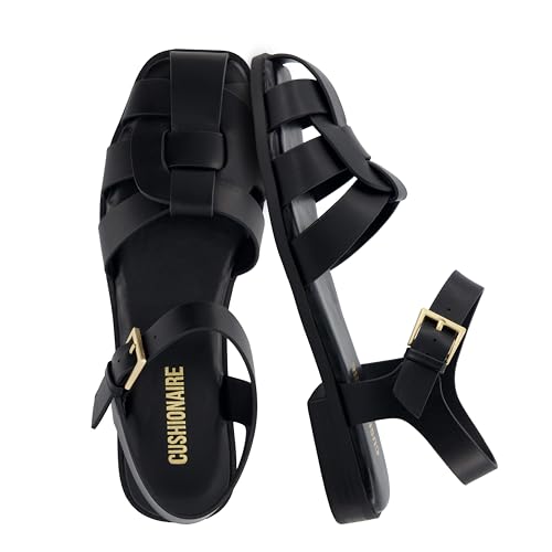 CUSHIONAIRE Benny Fisherman Damen-Sandalen mit geschlossenem Zehenbereich, flach, elegant, bequem, mit verstellbarem Knöchelriemen, Schwarz, 37 EU Weit von CUSHIONAIRE