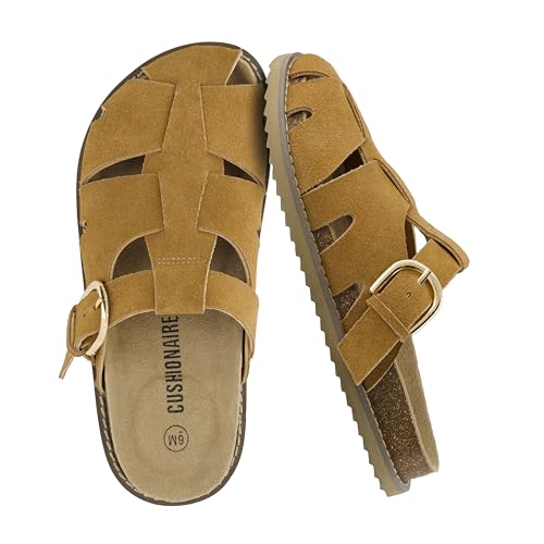CUSHIONAIRE Benson Damen Fisherman Clog - Wildleder Slip-On Sandale mit verstellbarer Schnalle & konturiertem Korkfußbett, Kastanie Wildleder, 41 EU von CUSHIONAIRE