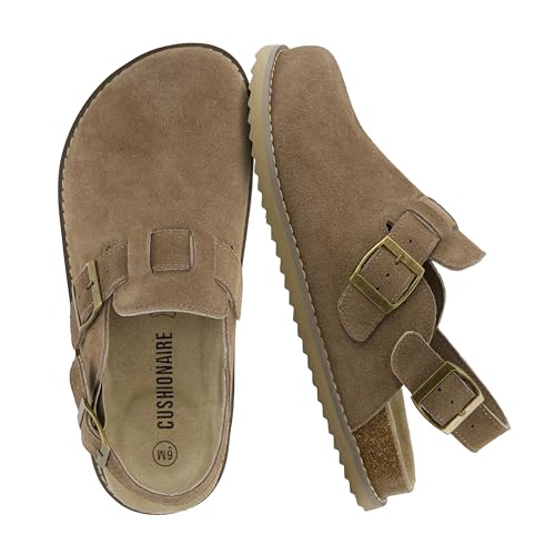CUSHIONAIRE Brooklyn Suede Womens Slides - Bequeme Clog Pantoletten mit verstellbaren Schnallen - Sommerschuhe für Damen, Braungrau - Taupe Suede, 37 EU von CUSHIONAIRE