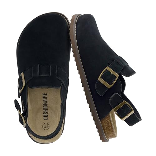 CUSHIONAIRE Brooklyn Damen Wildleder Clogs - Verstellbare Slingback Clog Sandale mit Schnalle Memory Foam Weite Weite, Schwarzes Wildleder, 40 EU von CUSHIONAIRE