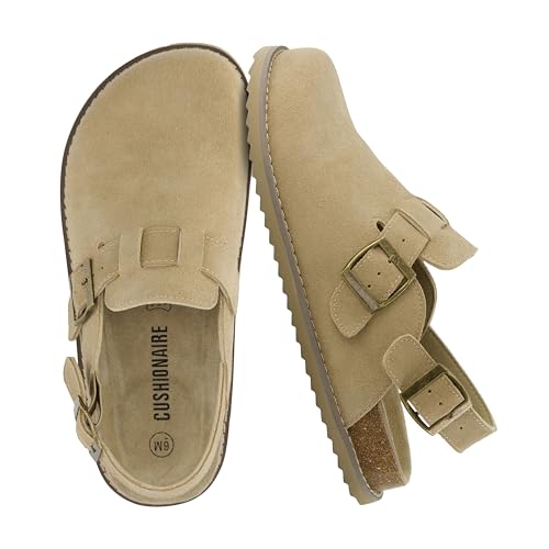 CUSHIONAIRE Brooklyn Suede Womens Slides - Bequeme Clog Pantoletten mit verstellbaren Schnallen - Sommerschuhe für Damen, Biscuit Suede, 37 EU von CUSHIONAIRE
