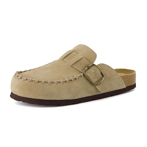 CUSHIONAIRE Canu-Clogs aus echtem Wildleder für Damen, Schuhe mit Moc Toe-Design, lässige Schlupfschuhe für Damen, Beige, 39.5 EU von CUSHIONAIRE