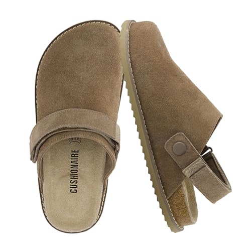 CUSHIONAIRE Damen Boulder Clog aus echtem Wildleder mit Drehriemen - leichte EVA-Sohle, Innensohle aus Memory-Schaum, breite Breiten erhältlich, Braungrau - Taupe Suede, 37 EU von CUSHIONAIRE