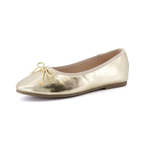 CUSHIONAIRE Damen Dove Bling Schleife flach mit + Memory Foam, breite Breiten erhältlich, metallic-goldfarben, 40.5 EU von CUSHIONAIRE