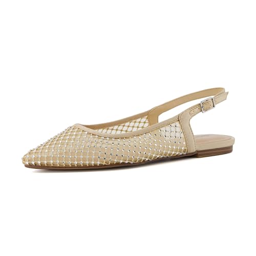 CUSHIONAIRE Damen Lark Strass Mesh Slingback flach mit verstellbarer Schnalle + Memory Foam in breiten Breiten erhältlich, Nude Embellish, 43 EU von CUSHIONAIRE