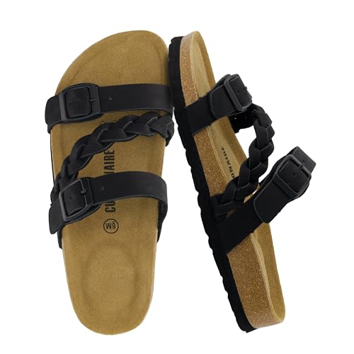 CUSHIONAIRE Damen Lizzy Kork-Fußbett Sandalen - Bequeme Verstellbare Riemen Fußgewölbeunterstützung Breite Breiten Verfügbar Boho Chic Sommer Slides, Schwarz, 37 EU Weit von CUSHIONAIRE