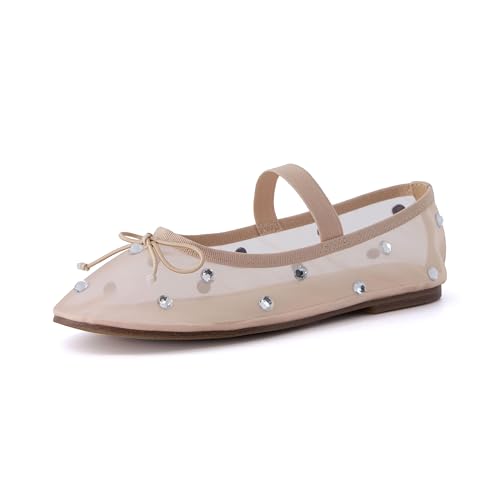 CUSHIONAIRE Elegante Flache Schuhe mit Strass-Netzschleife für Damen mit Memory Foam und großen Weiten erhältlich, Nude Embellish, 37 EU von CUSHIONAIRE
