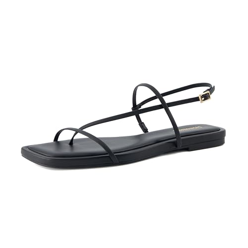 CUSHIONAIRE Glory Minimalistische Riemchensandalen für Damen, schlanke, verstellbare Riemen, flache Sandalen für Damen, Schwarz, 42 EU von CUSHIONAIRE