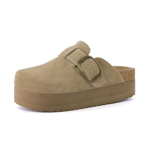 CUSHIONAIRE Granola Plateau-Clog für Damen aus echtem Wildleder mit Korkfußbett und +Komfort, große Weiten erhältlich, Khaki, 39 EU von CUSHIONAIRE