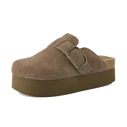 CUSHIONAIRE Granola Plateau-Clog für Damen aus echtem Wildleder mit Korkfußbett und +Komfort, große Weiten erhältlich, Taupe, 37 EU von CUSHIONAIRE